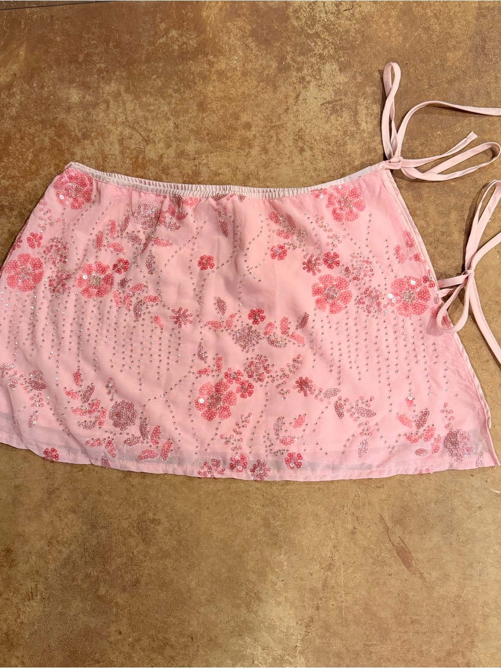 Pink Sequin Floral Tie-Side Mini Skirt